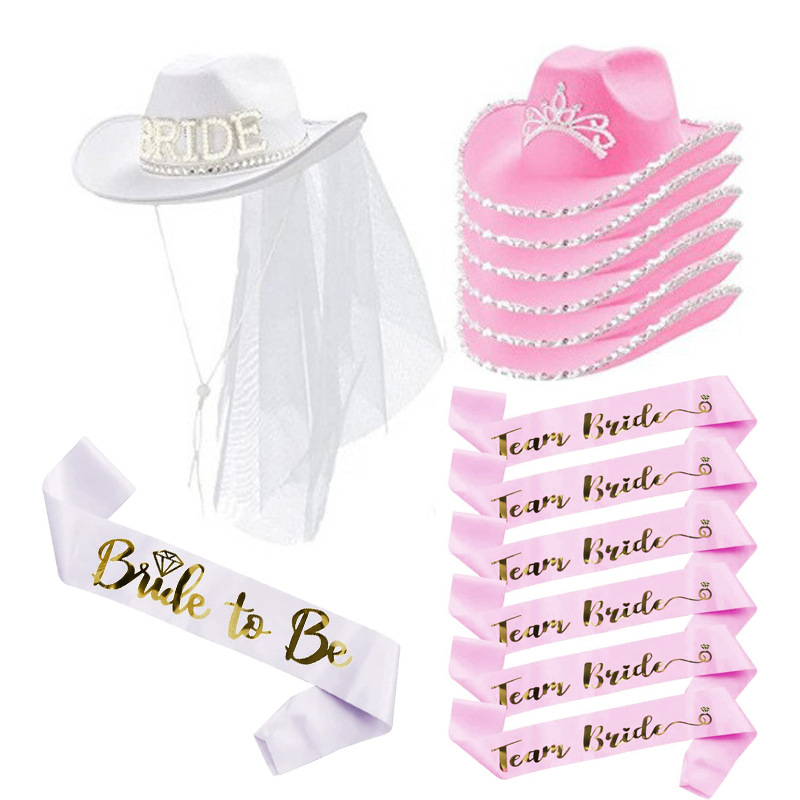 Cowboy Hat Straw - Rosa/bianco sposa per essere raso Sash