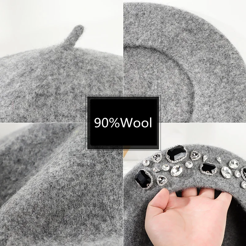 Beret French Wool - Berretto francese con strass spessi, decorazione